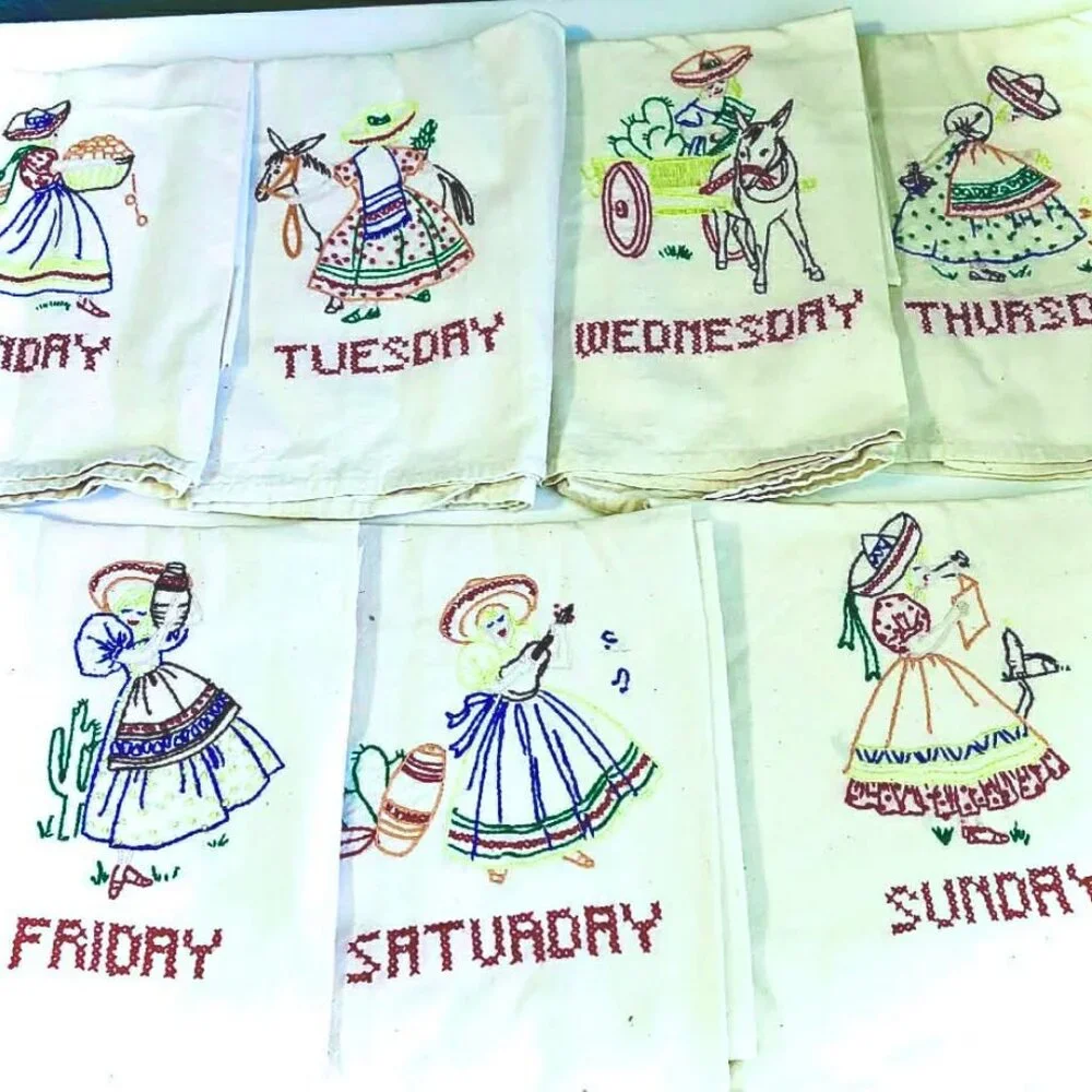Set of 7 Vint 60s Collectible Embroidered Tea Towels Mexican Design Days Of Week